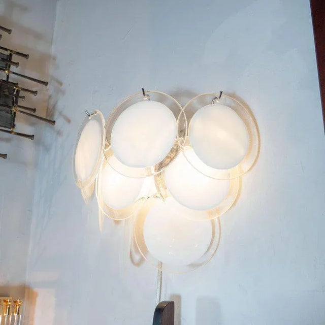 Early 21st Century Modernist 9-Disc Hand Blown Murano White and Translucent Glass Sconces - a Pair For Sale - Image 5 of 6