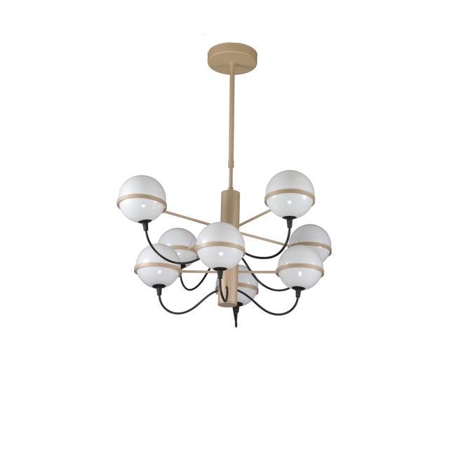 Italian chandelier with eight white opaline glass globes held by champagne colored metal structure / Made in Italy by...