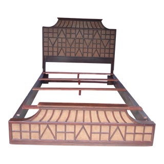 Palm Beach Regency, British Colonial Faux Bamboo Pagoda Rattan Insert Queen Bed Frame Headboard Footboard For Sale