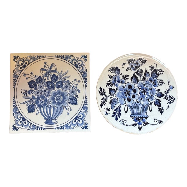 Vintage Blue and White Delft Floral Trivet Tiles, a Pair For Sale