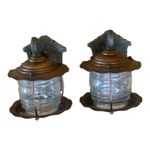 Iron and Copper Glass Jar Wall Sconces Circa 1920 - a Pair
