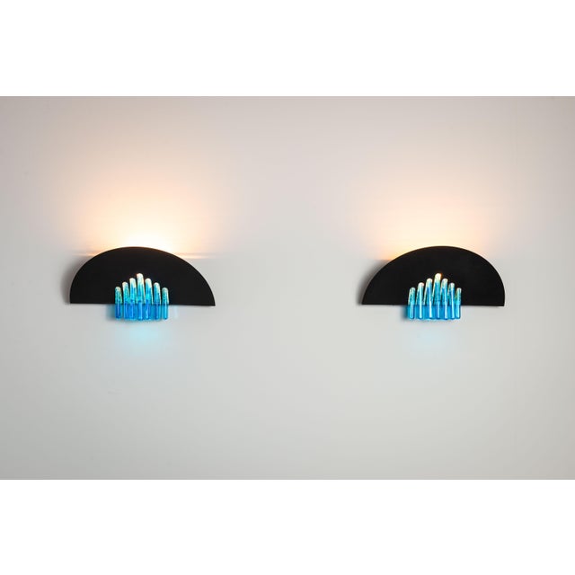 Mid-Century Modern Wall Lamps with Black Frames and Blue Glass from AV Mazzega, 1980s, Set of 2 For Sale - Image 3 of 18