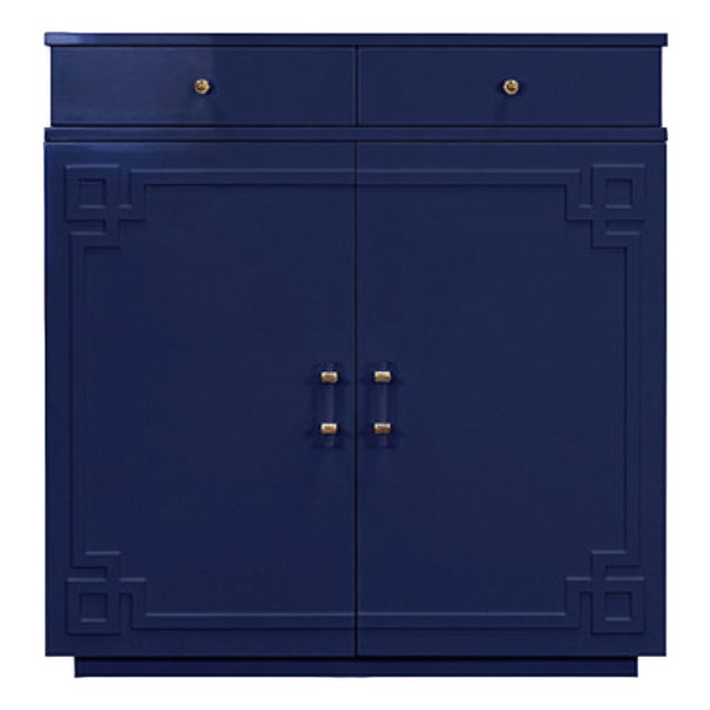 Matthew Izzo Home Glenn Navy Blue Lacquer Storage Cabinet With Acrylic and Brass Hardware For Sale