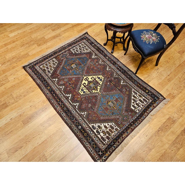 Vintage Persian Qashqai Tribal Area Rug, Hand-Knotted Wool, Geometric Medallions, 4x6, Rust & Navy For Sale - Image 4 of 16