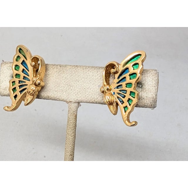 Vintage Signed Napier Goldtone Green & Blue Enamel Butterfly Clip Earrings- 2 Pieces For Sale - Image 11 of 14