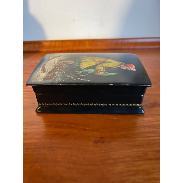 Beautiful Fedoskino Russian lacquered box depicting a fisherman with a Pike from the Russian Fairytale By Pike. Nicely...