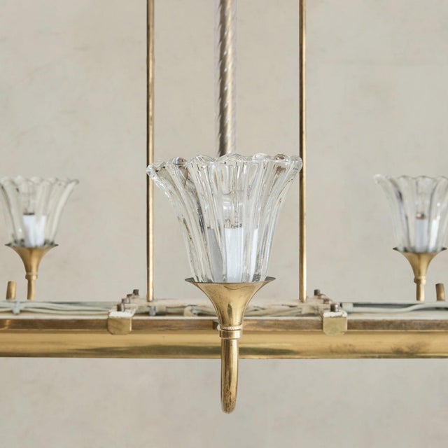 Metal Italian Murano Fluted Glass + Brass 8-Arm Chandelier, 1940s For Sale - Image 7 of 11