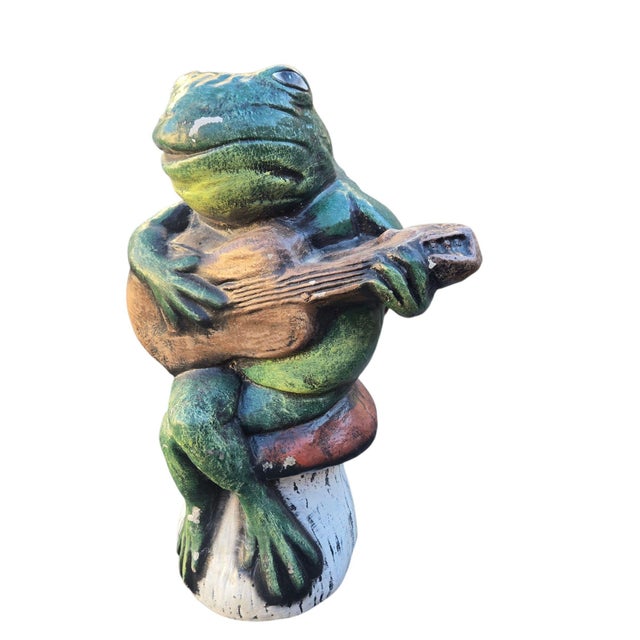 Anthropomorphic Frog Playing Guitar Mushroom Cement Sculpture Yard Art Statue For Sale - Image 11 of 18