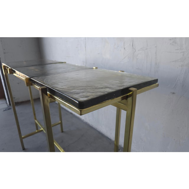 Brass Pair of Bespoke Brass and Cast Glass Console Tables For Sale - Image 8 of 10