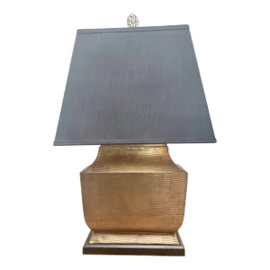 Large Vintage Goldtone Metal Table Lamp With Gilt Black Shade