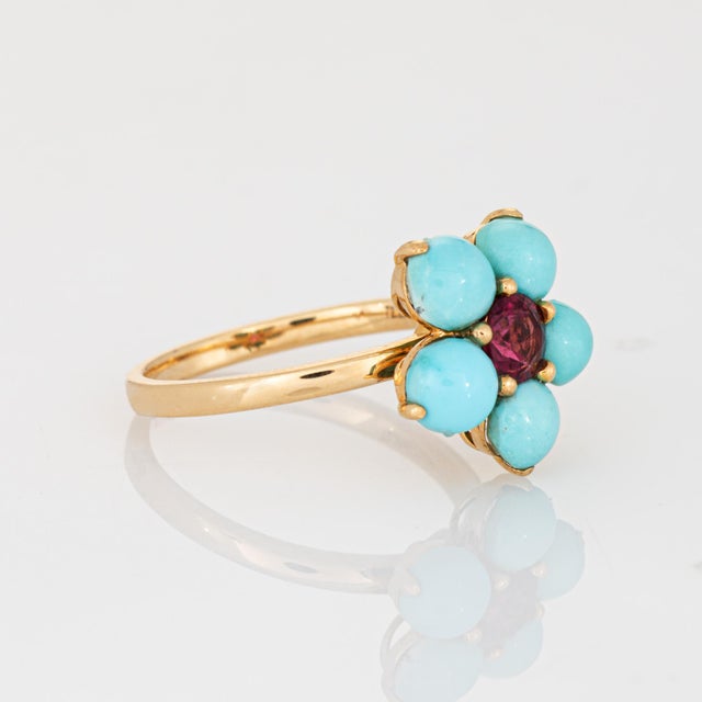 Contemporary Turquoise Pink Tourmaline Flower Ring Sz 6.5 18k Yellow Gold Fine Jewelry For Sale - Image 3 of 7