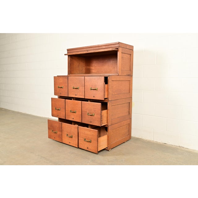 Antique Mission Oak Arts & Crafts 9-Drawer File Cabinet With Barrister Bookcase, Circa 1900 For Sale In South Bend - Image 6 of 17