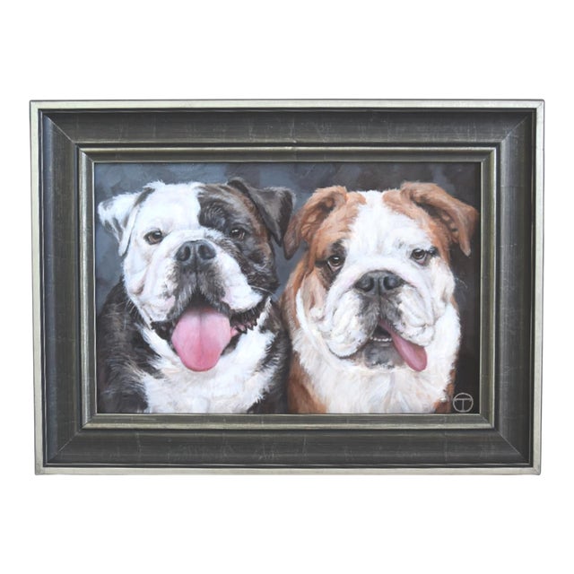 Two English Bulldog Portrait Painting Including the Black & Silver Wood Frame For Sale