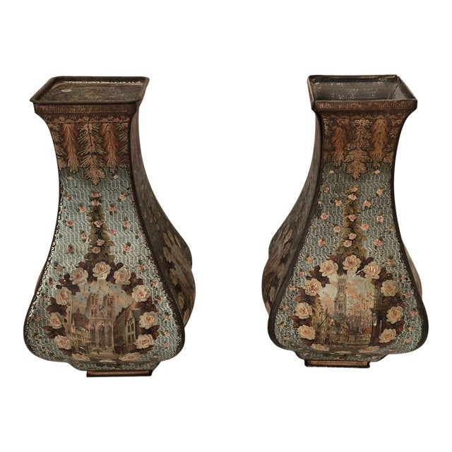 Pair of Antique European Toleware Floral Vases With Architectural Views For Sale