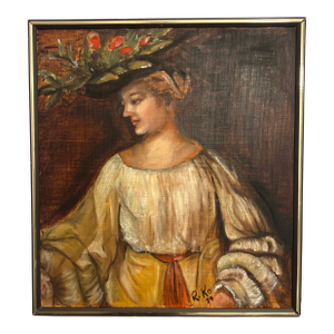 20th Century European School Oil on Board Portrait of Lady in Hat Signed Framed Made in 1974