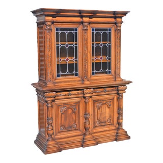Henri II Stained Glass Walnut Bookcase For Sale