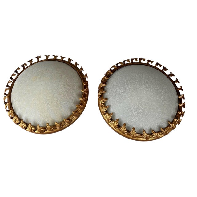 Mid-Century Modern Pair of Hollywood Regency Gilt Acanthus Leaf & Frosted Glass Flush Mounts For Sale - Image 3 of 15