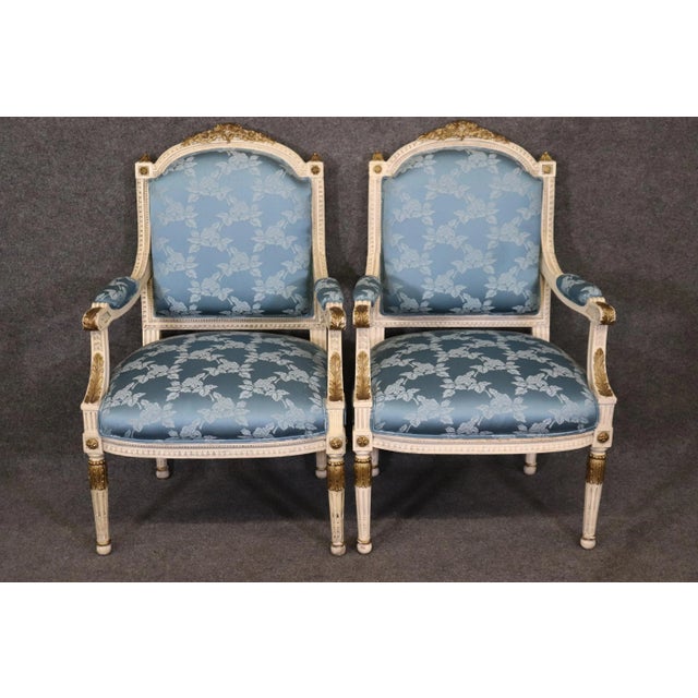 French Carved Painted and Gilded Armchairs Blue Silk - A Pair For Sale - Image 10 of 12