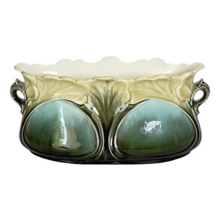 Art Nouveau Majolica Cachepot with Green and Blue Floral Decorations, France For Sale