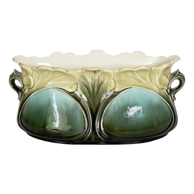 Art Nouveau Majolica Cachepot with Green and Blue Floral Decorations, France For Sale