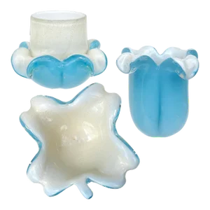Vintage Murano Barbini Sky Blue White Gold Flecks Italian Art Glass Bowl Toothpick Holder 3pc Desk Set