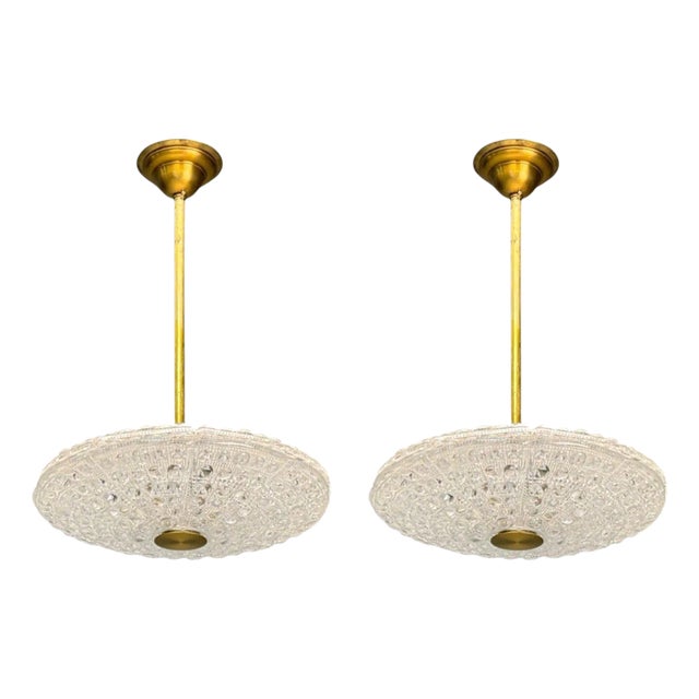 Pair of Carl Fagerlund, Brass, Glass, Pendant Lights, Sweden, 1940s For Sale