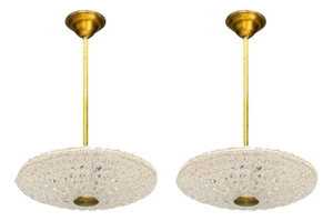 Pair of Carl Fagerlund, Brass, Glass, Pendant Lights, Sweden, 1940s