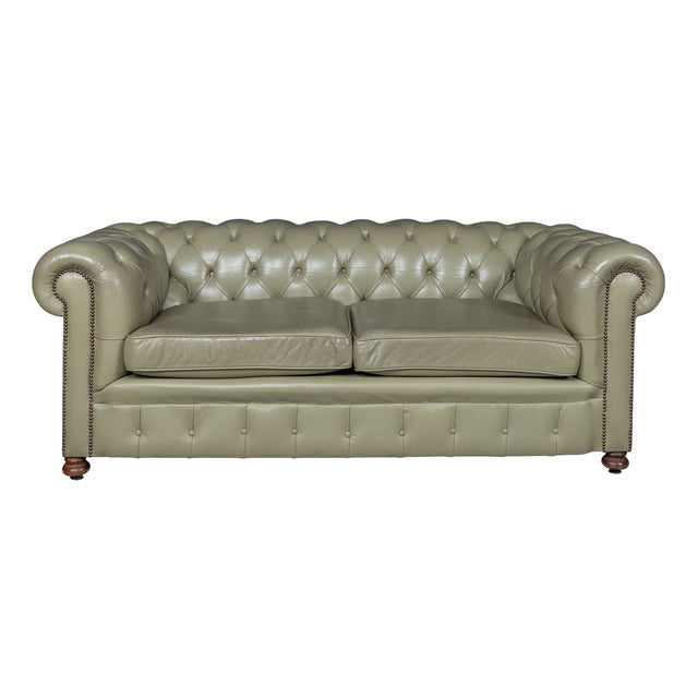 Vintage English Chesterfield Sofa in Olive Green Leather, 1980 For Sale