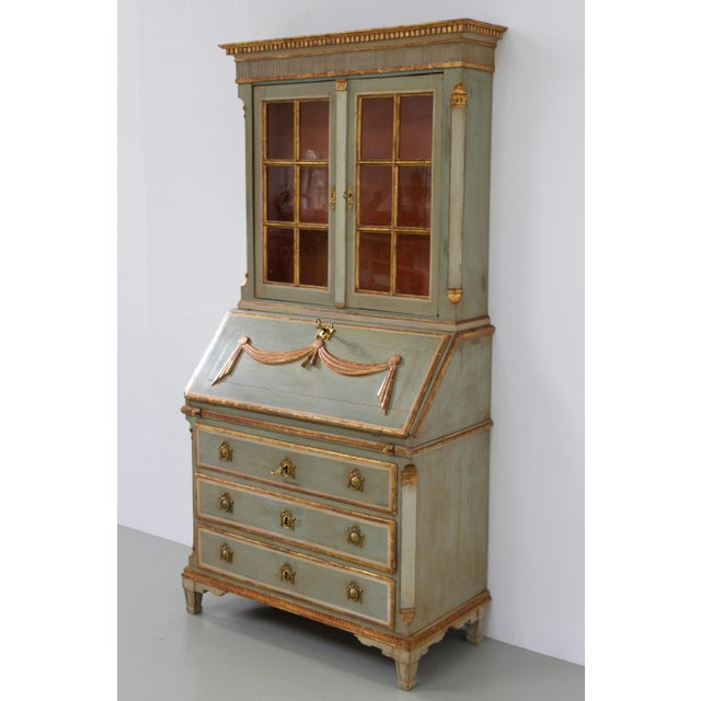 Danish Gustavian Green Secretary, 1780s. Extremely rare of the period Gustavian two-part secretaire cabinet made by master...