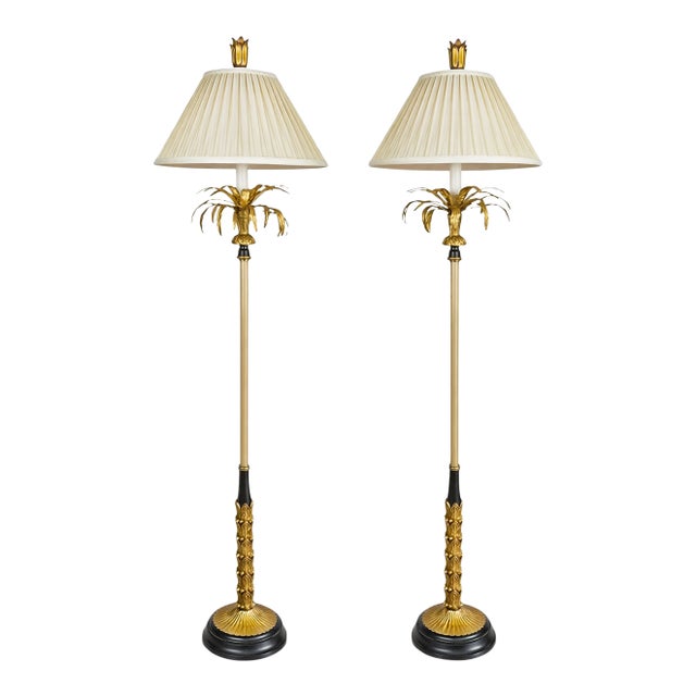 Vintage Italian Gilt Tole Palm Frond Floor Lamps - A Pair For Sale