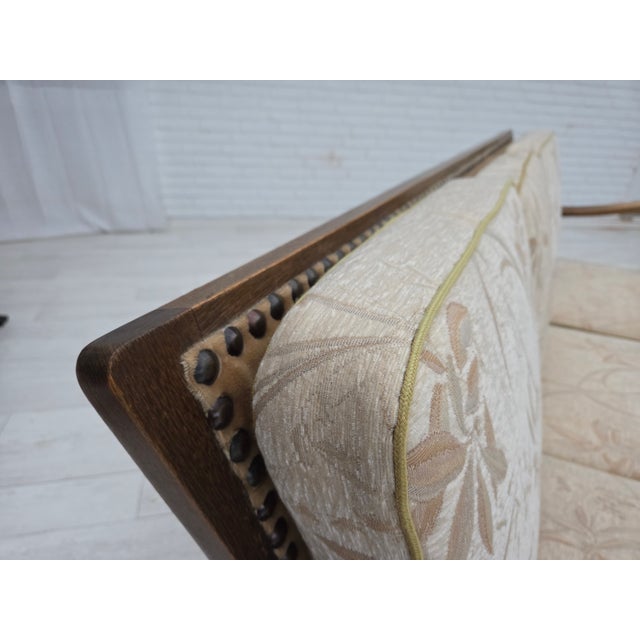Vintage Danish Three-Seater Sofa in Furniture Fabric and Carved Oak, 1950s For Sale - Image 6 of 18