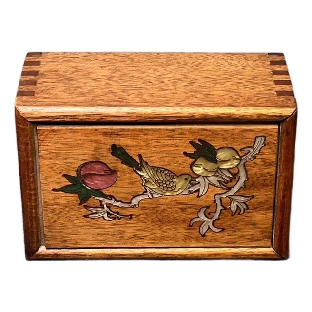 Rosewood Box With Mother of Pearl Bird & Peach Inlay - Chinese Trinket Chest For Sale