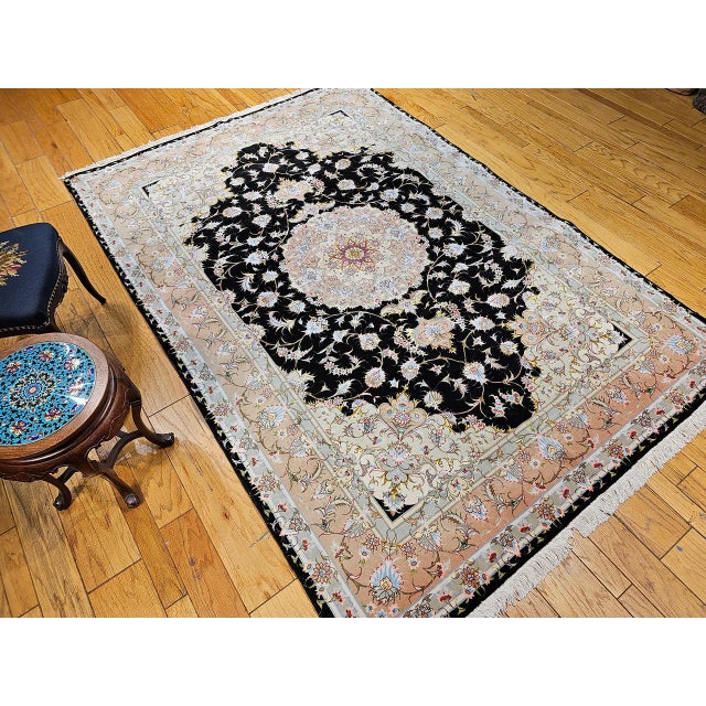 Textile Fine Persian Tabriz Rug, Hand-Knotted Wool & Silk, Floral Pattern, Black & Ivory, 7x10 For Sale - Image 7 of 18