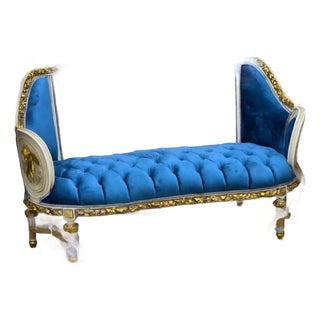 French Louis XVI Tufted Velvet Sofa With Romantic Ballroom Artwork, Hand-Gilded Gold Leaf Frame & Teal Blue Upholstery For Sale