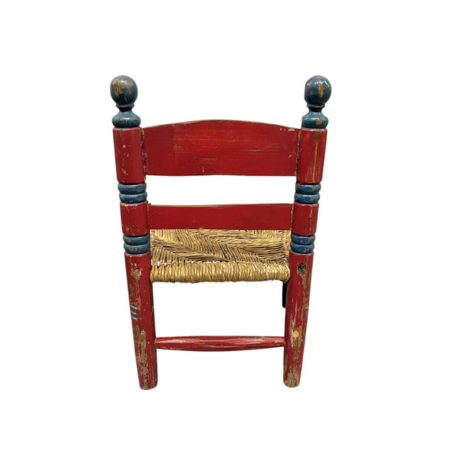 Wood Vintage Set of 2 Hand-Painted Rancho Monterey Mexican Folk Art Children’s Ladderback Chairs With Rush Seats For Sale - Image 7 of 14