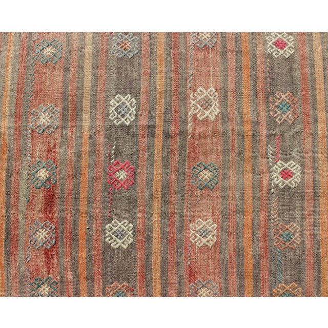 Textile Colorful Vintage Hand Woven Turkish Flat-Weave Kilim Rug With Striped Geometric Design For Sale - Image 7 of 13