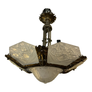 Art Deco Frosted Glass and Bronze Chandelier