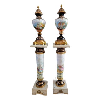 French-Style Pastel Decorative Vase With Marble Pedestal – Scenic Artwork & Gold Leaf Details For Sale