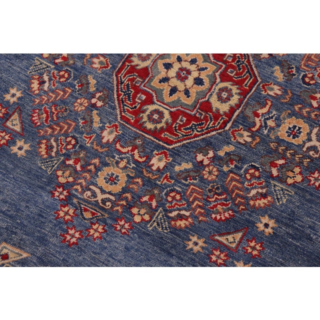 Boho Chic Kazak Light Blue/Beige Wool Round Rug- 8'0''x8'0'' For Sale - Image 4 of 9