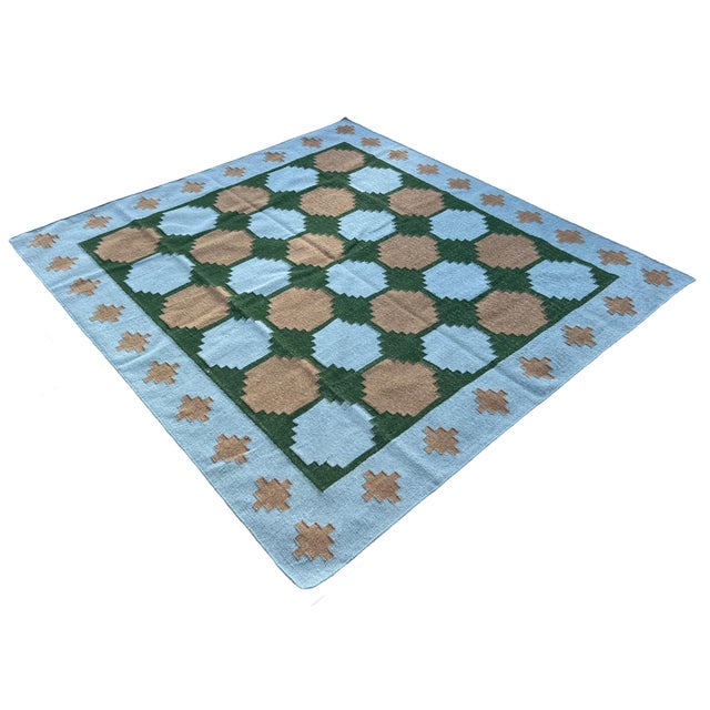Sky Blue Handmade New Zealand Wool Dhurrie, Sky Blue, Beige and Green Swedish Tile Rug- 78"x88" For Sale - Image 8 of 13