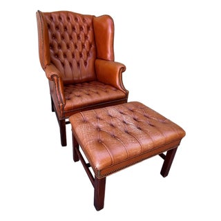 Vintage Chesterfield Georgian Leather Wing Back Button Tufted Chair Ottoman Brass Nailhead For Sale