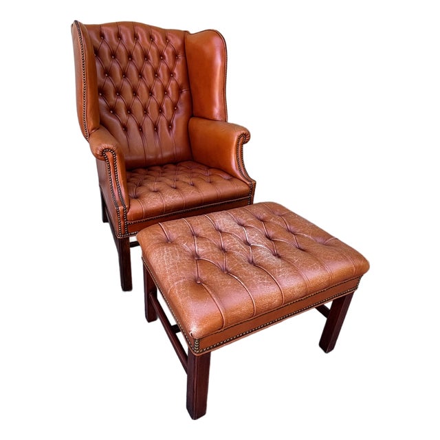 Vintage Chesterfield Georgian Leather Wing Back Button Tufted Chair Ottoman Brass Nailhead For Sale
