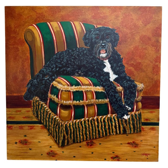 English Pair of Large Original Oil Portraits of a Portuguese Water Dog on a Striped Bergère For Sale - Image 3 of 15
