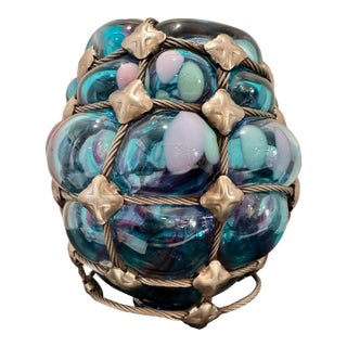 Bryan Duncan Glass Oregon Coast Large Blown Art Glass Orb, Steel Cable Net, 2003 For Sale