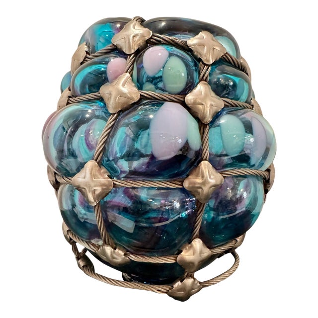 Bryan Duncan Glass Oregon Coast Large Blown Art Glass Orb, Steel Cable Net, 2003 For Sale