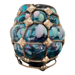 Bryan Duncan Glass Oregon Coast Large Blown Art Glass Orb, Steel Cable Net, 2003