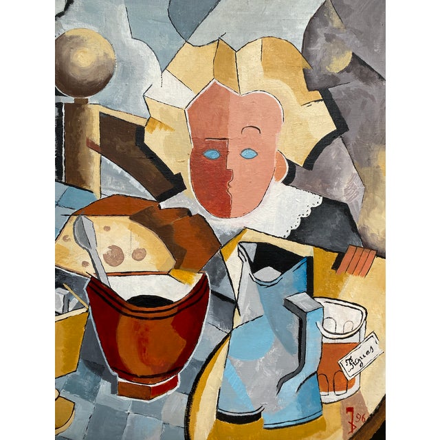 1990s Large Original Signed Oil Painting — Post-Cubist Figural Still Life — Ornate Silver Frame For Sale - Image 4 of 8