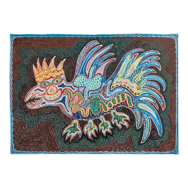 Menia LitvakIsraeli Folk Art Bright Colorful Naive Dragon Painting, 1979 For Sale