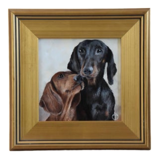 Dachshunds Dog Portrait Study Painting Including the Antiqued Gold Wood Frame For Sale