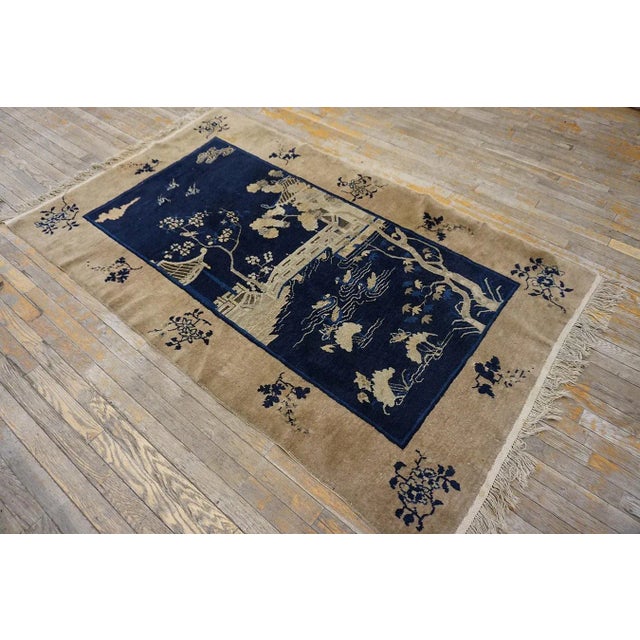 Textile 1920s Blue Navy Scene Pictorial Antique Chinese Carpet 4' X 6'8" Knotted Pile Wool Rug For Sale - Image 7 of 10